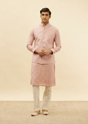 alt message - Manyavar Men Lemonade Pink Floral Buta Patterned Kurta Jacket Set image number 3