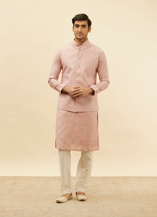 alt message - Manyavar Men Lemonade Pink Floral Buta Patterned Kurta Jacket Set image number 3