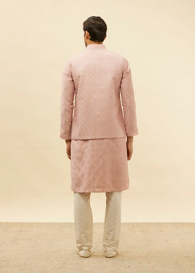 alt message - Manyavar Men Lemonade Pink Floral Buta Patterned Kurta Jacket Set image number 4