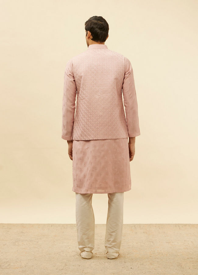 Manyavar Men Lemonade Pink Floral Buta Patterned Kurta Jacket Set