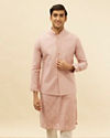 alt message - Manyavar Men Lemonade Pink Floral Buta Patterned Kurta Jacket Set image number 0