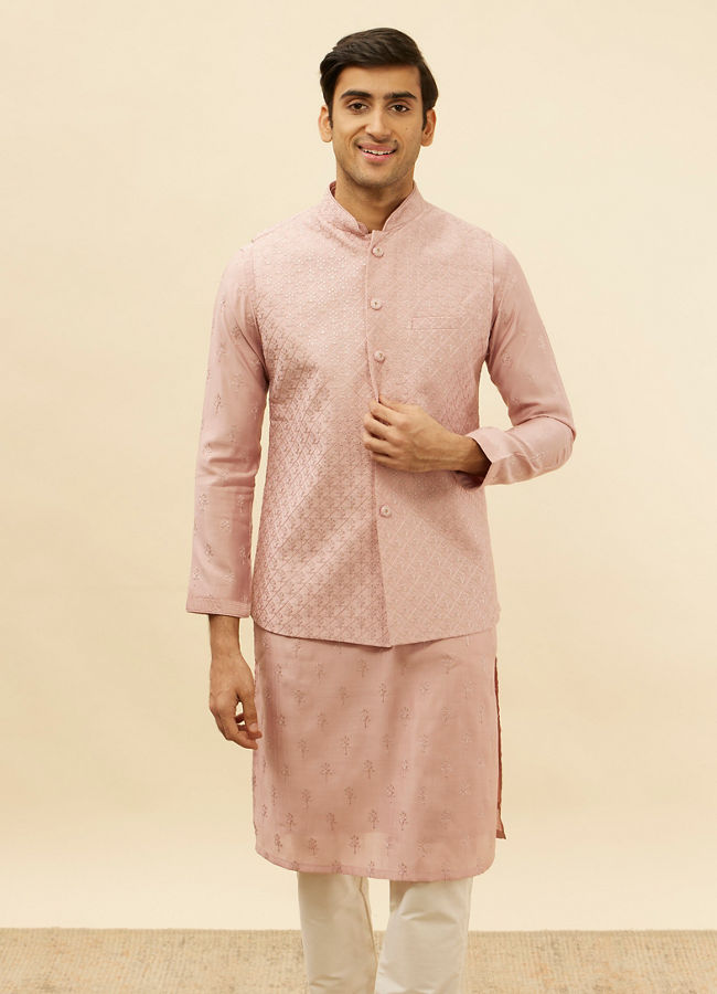 alt message - Manyavar Men Lemonade Pink Floral Buta Patterned Kurta Jacket Set image number 0