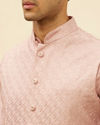 alt message - Manyavar Men Lemonade Pink Floral Buta Patterned Kurta Jacket Set image number 1