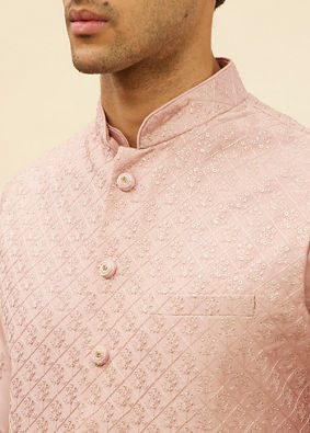 alt message - Manyavar Men Lemonade Pink Floral Buta Patterned Kurta Jacket Set image number 1