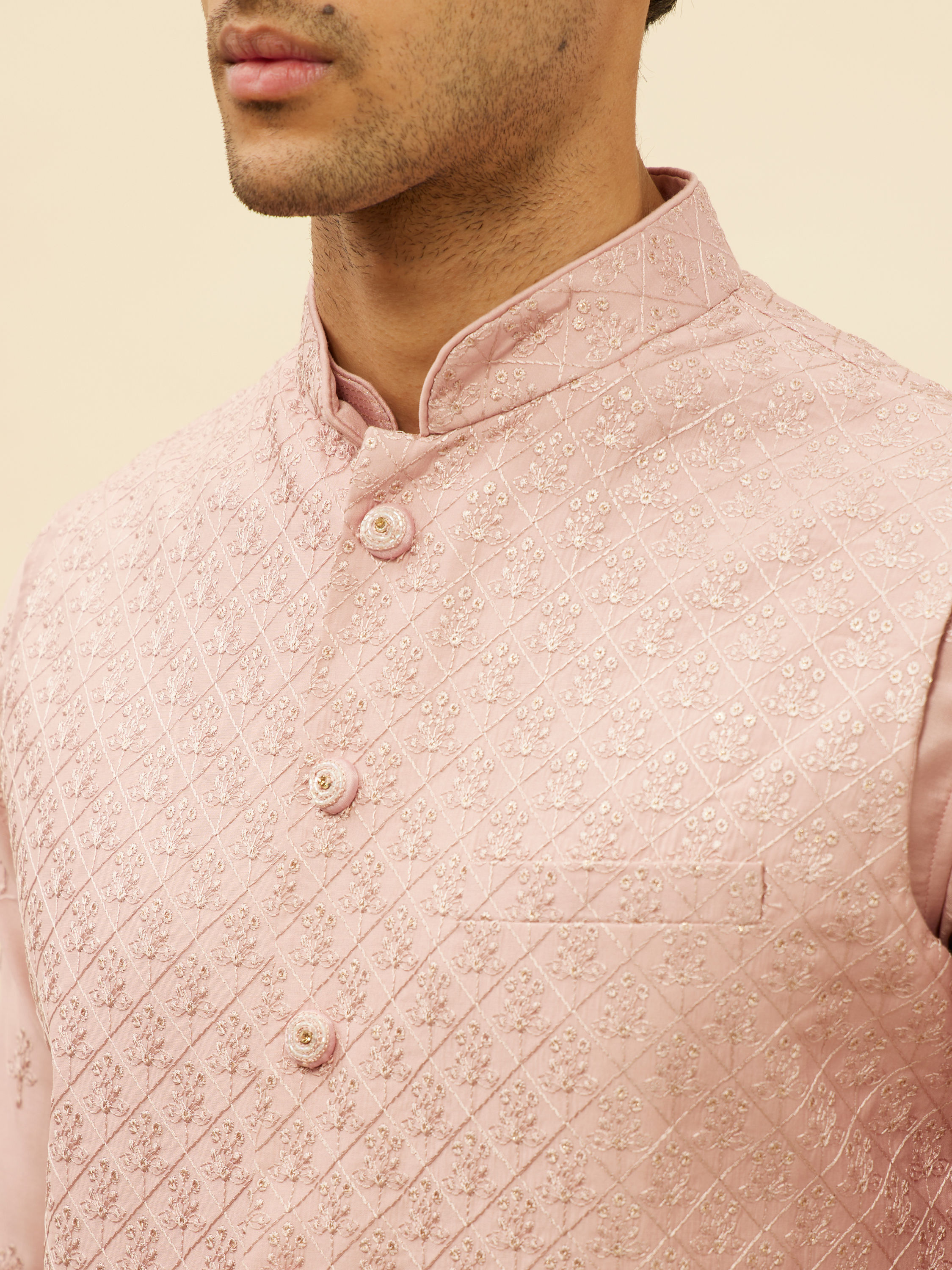 Manyavar Men Lemonade Pink Floral Buta Patterned Kurta Jacket Set