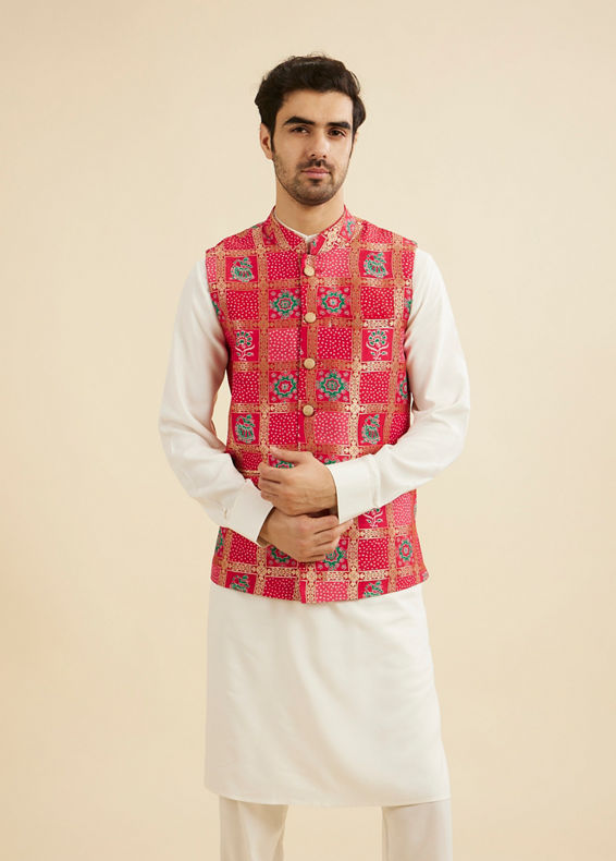 Manyavar Men Regal Red Kurta Jacket Set