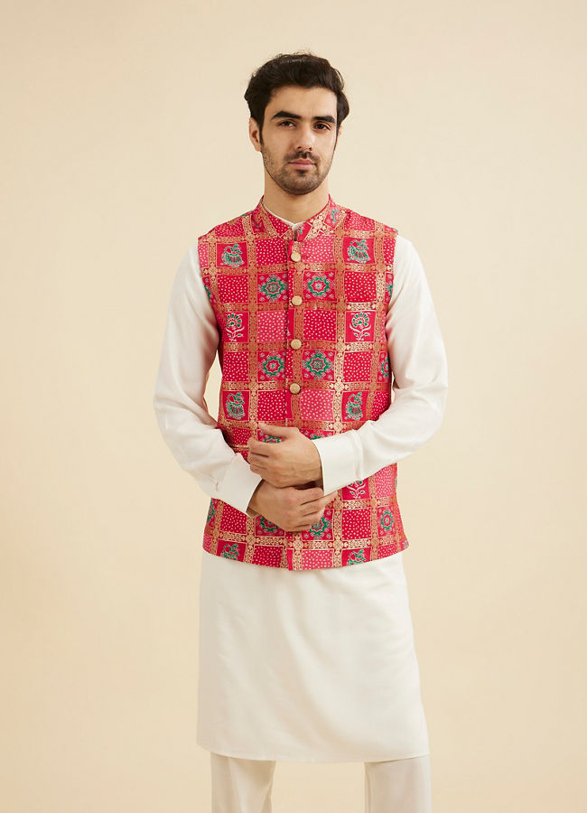 Manyavar Men Regal Red Kurta Jacket Set