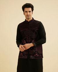 Manyavar Men Midnight Black Embroidered Jacket Set with Darbar Motifs And Sequin Work