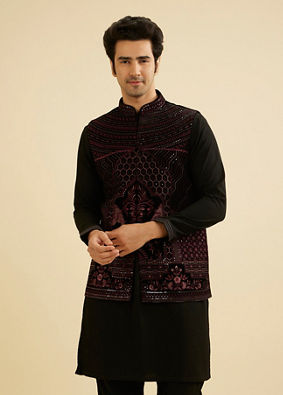 Manyavar Men Midnight Black Embroidered Jacket Set with Darbar Motifs image number 0