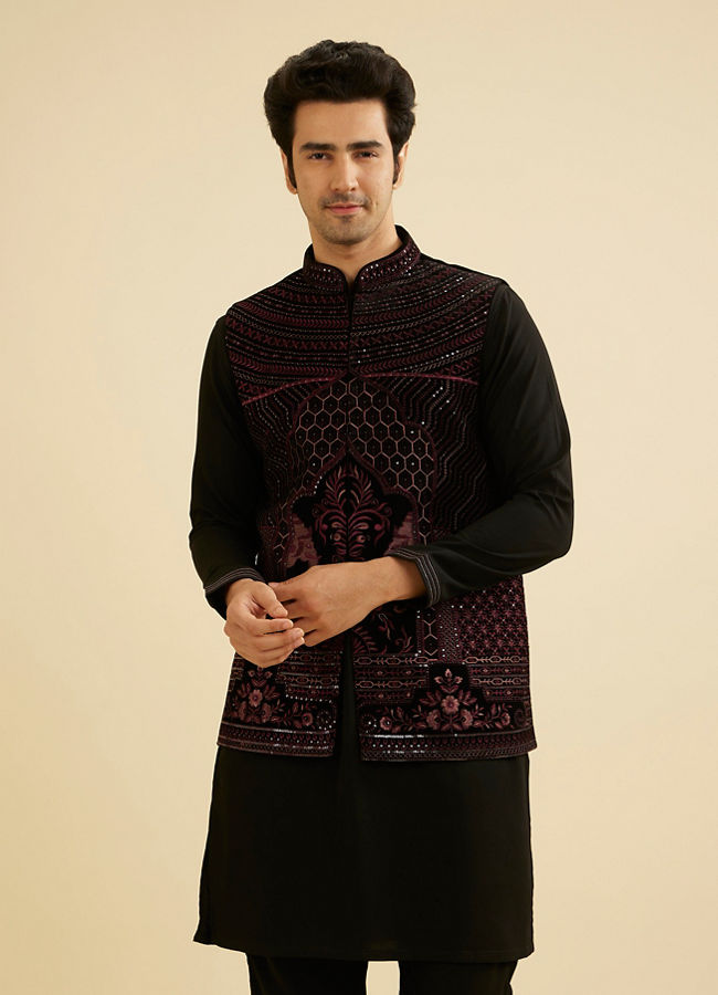 Manyavar Men Midnight Black Embroidered Jacket Set with Darbar Motifs And Sequin Work