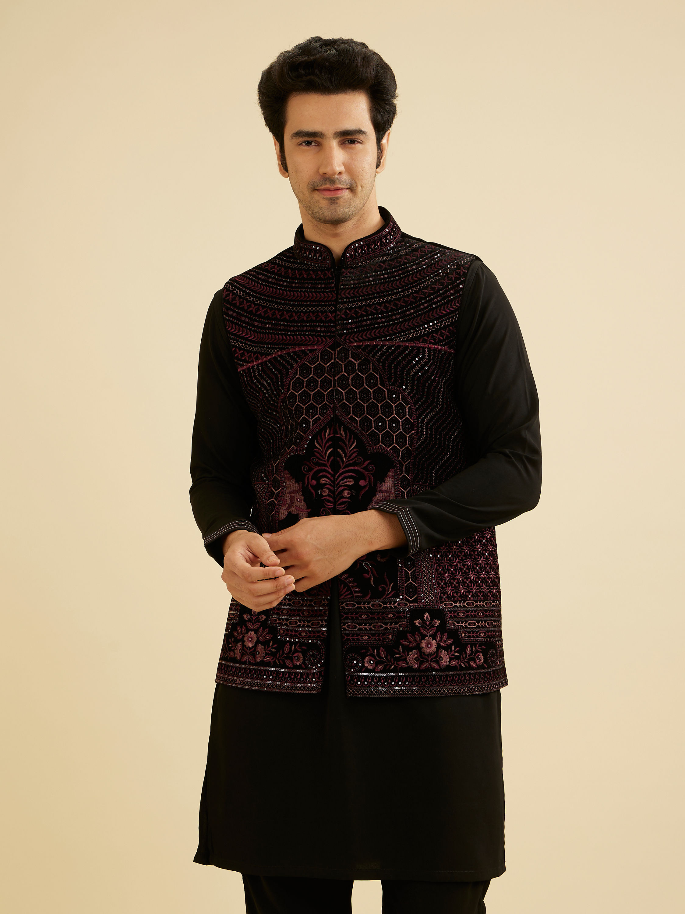 Manyavar Men Midnight Black Embroidered Jacket Set with Darbar Motifs And Sequin Work