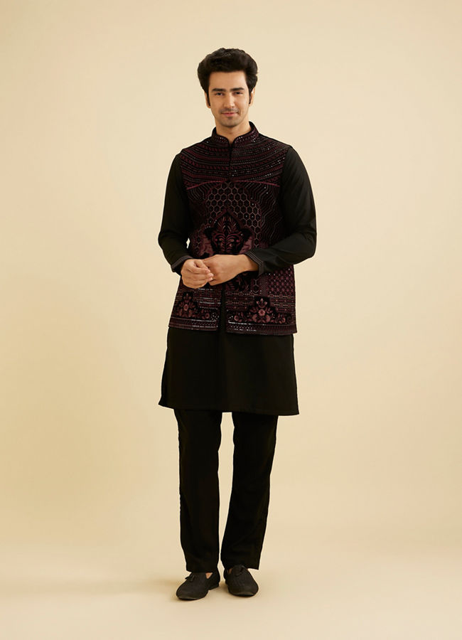 Manyavar Men Midnight Black Embroidered Jacket Set with Darbar Motifs image number 3