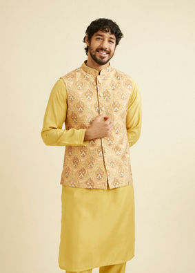 alt message - Manyavar Men Radiant Yellow Kurta Jacket Set image number 0