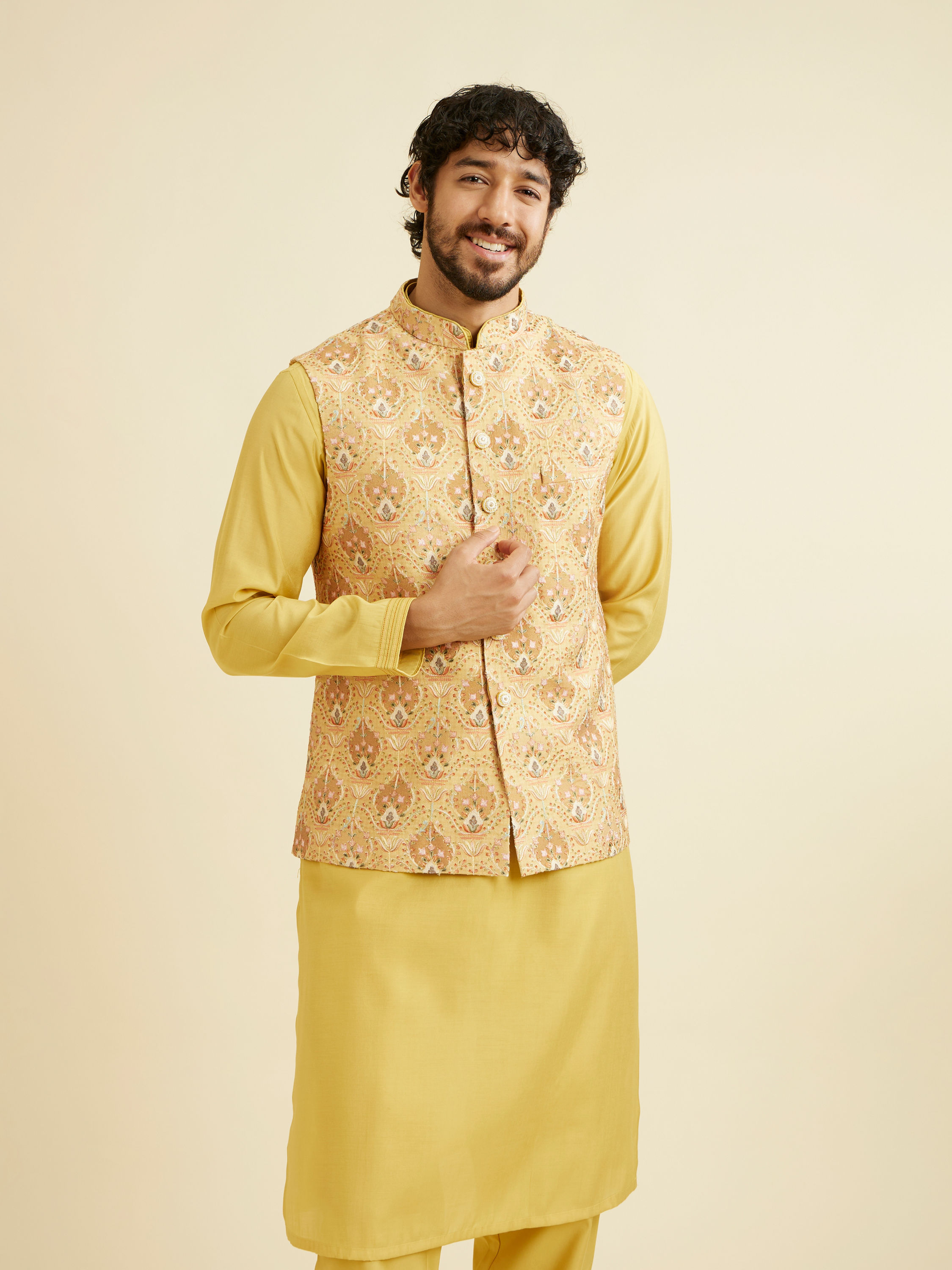 Manyavar Men Radiant Yellow Kurta Jacket Set