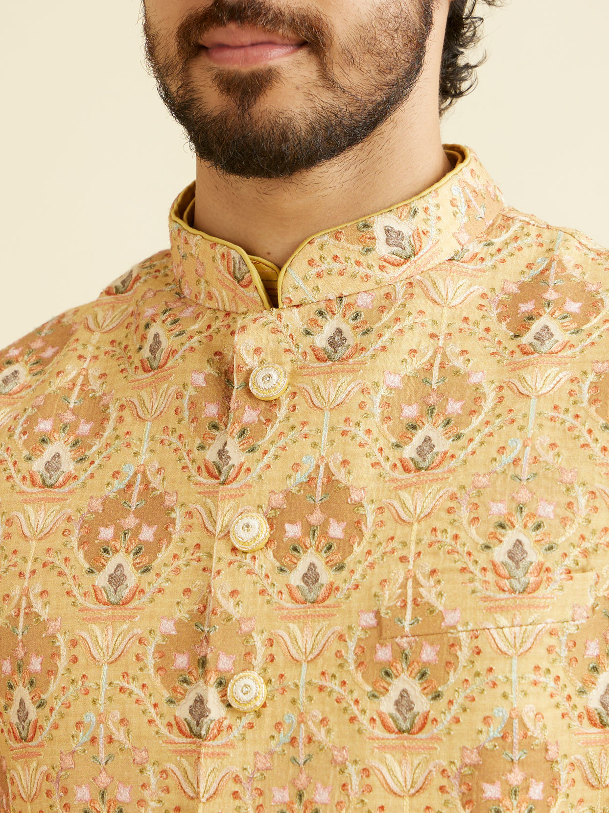 alt message - Manyavar Men Radiant Yellow Kurta Jacket Set image number 1