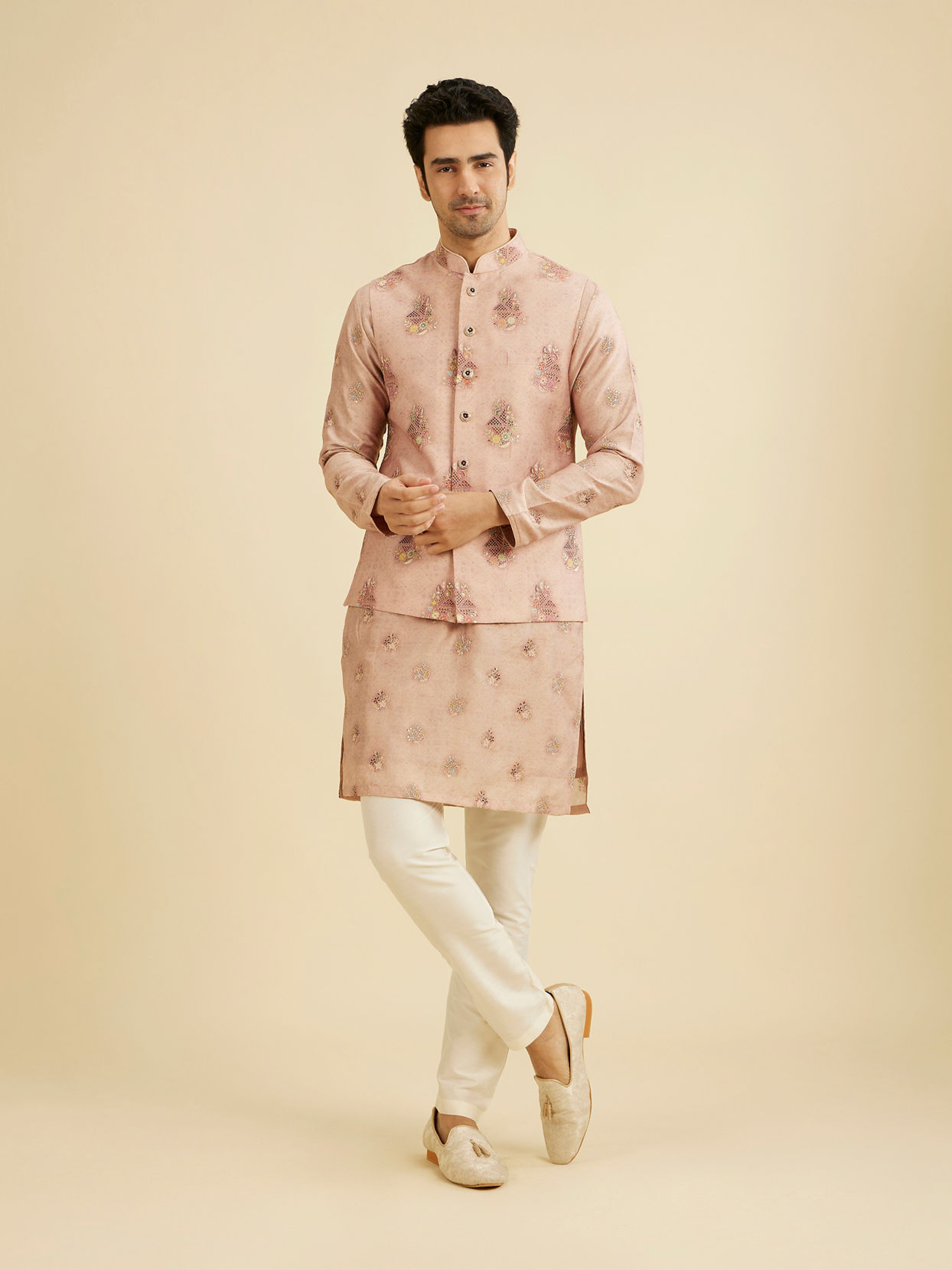 Manyavar Men Dusty Pink Celebration Kurta Jacket Set