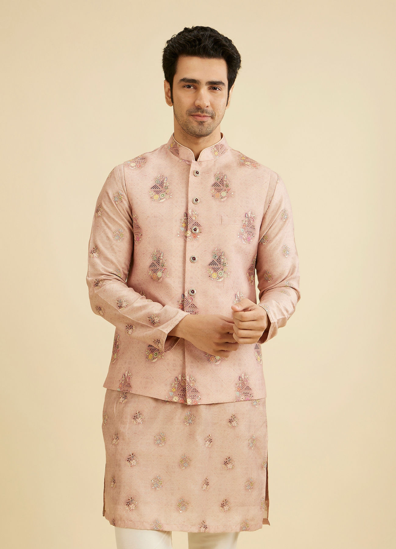 Manyavar Men Dusty Pink Celebration Kurta Jacket Set