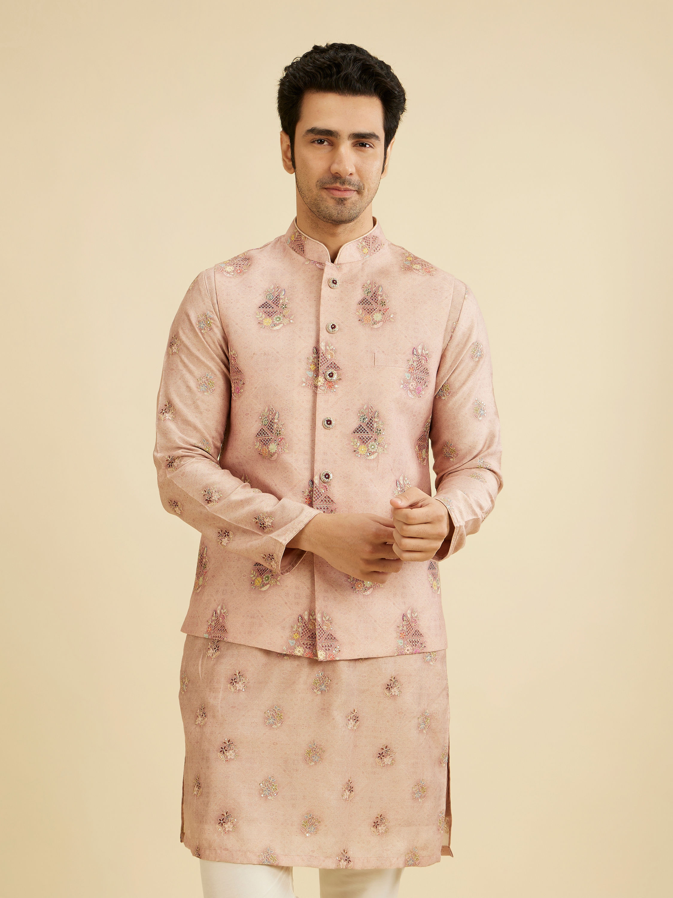 Manyavar Men Dusty Pink Celebration Kurta Jacket Set