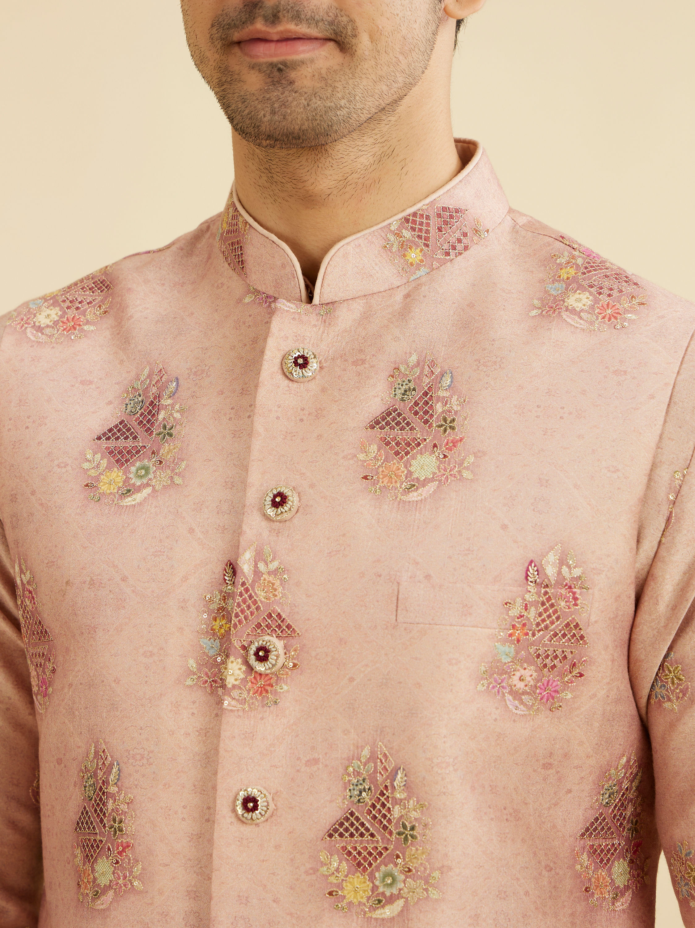 Manyavar Men Dusty Pink Celebration Kurta Jacket Set