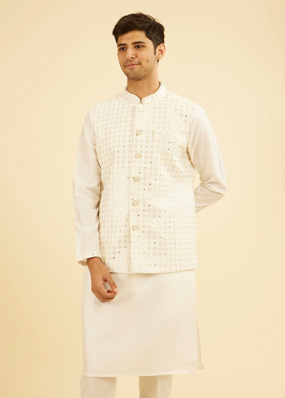 Manyavar Men Warm White Kurta Jacket Set