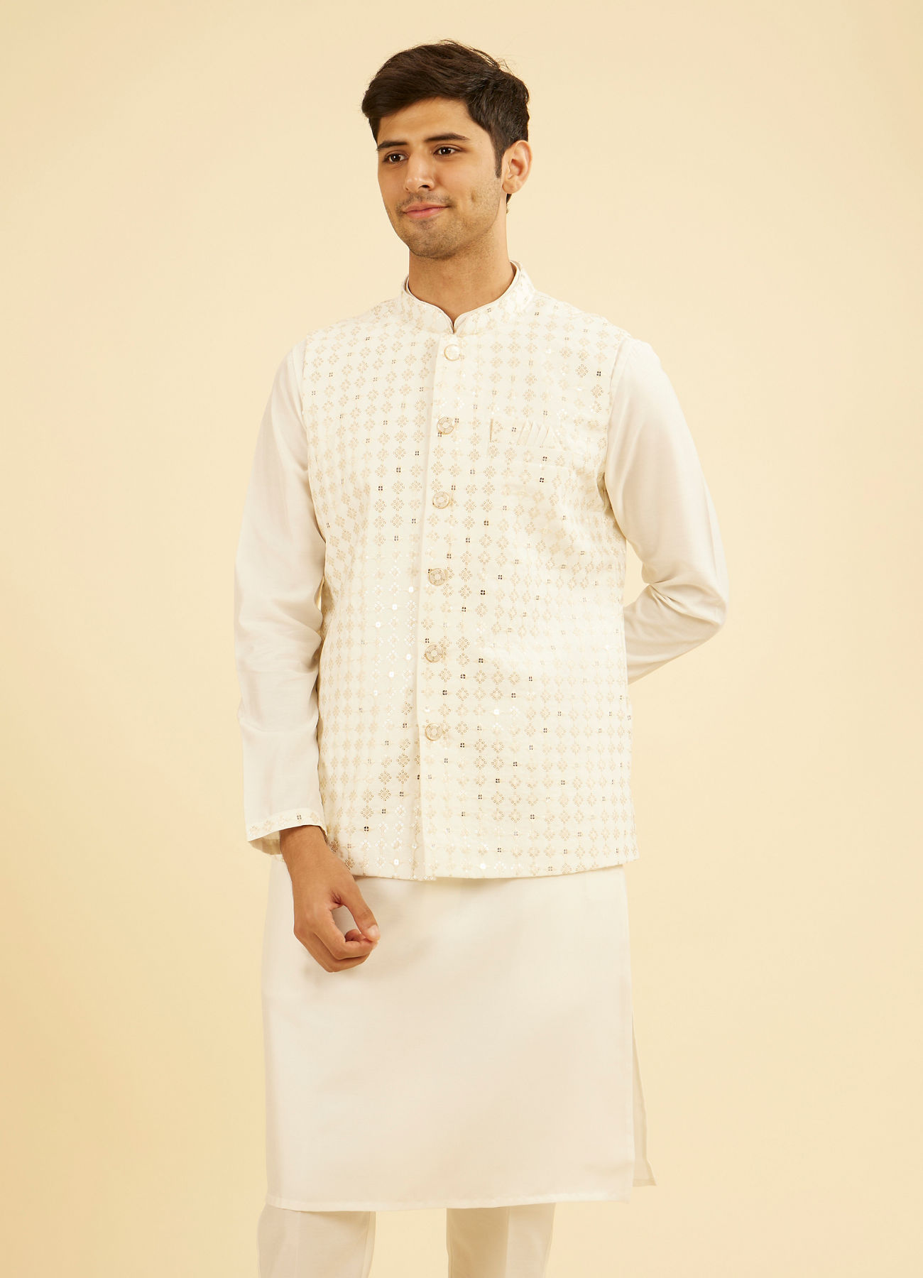 Manyavar Men Warm White Kurta Jacket Set