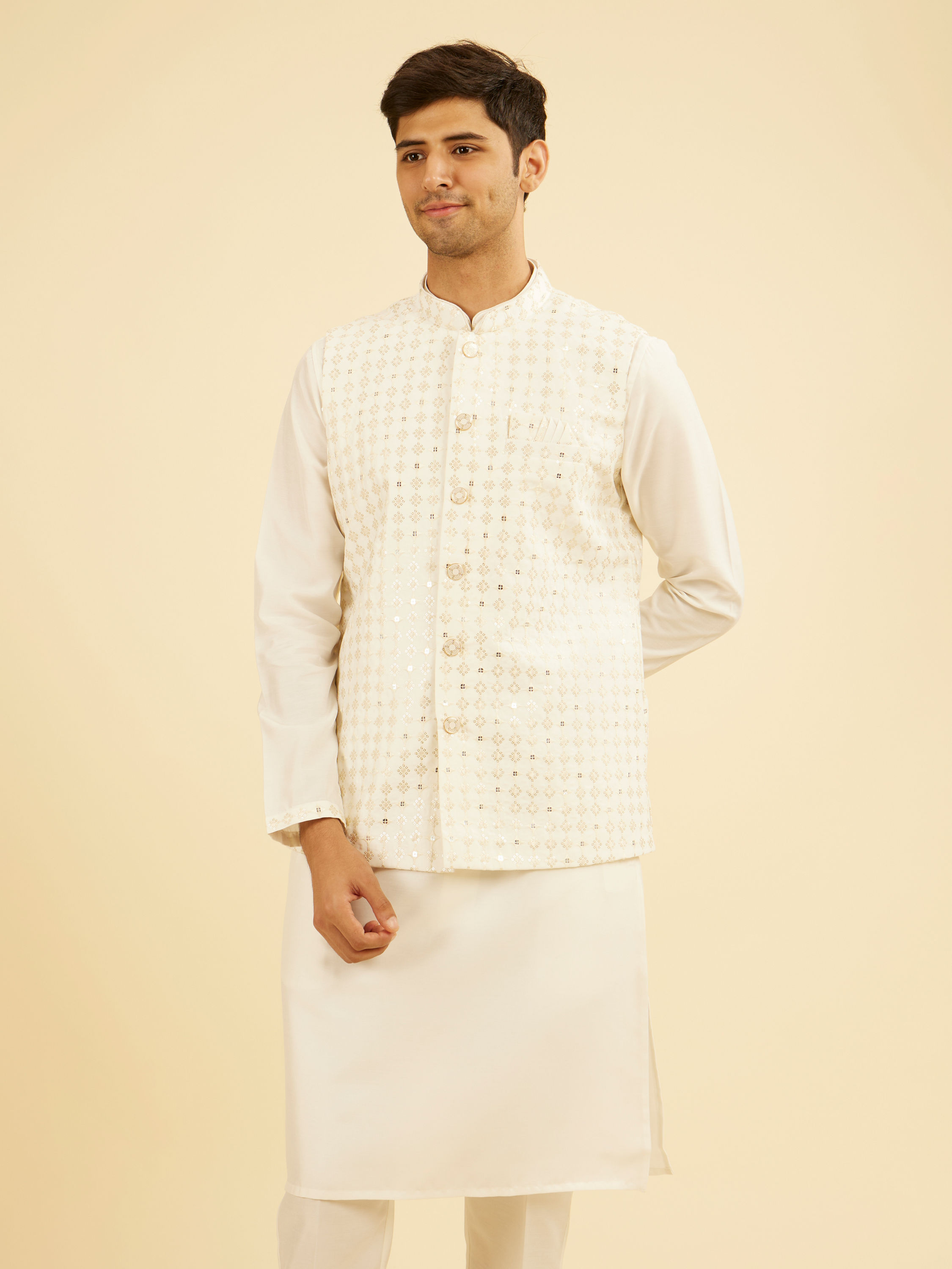 Manyavar Men Warm White Kurta Jacket Set