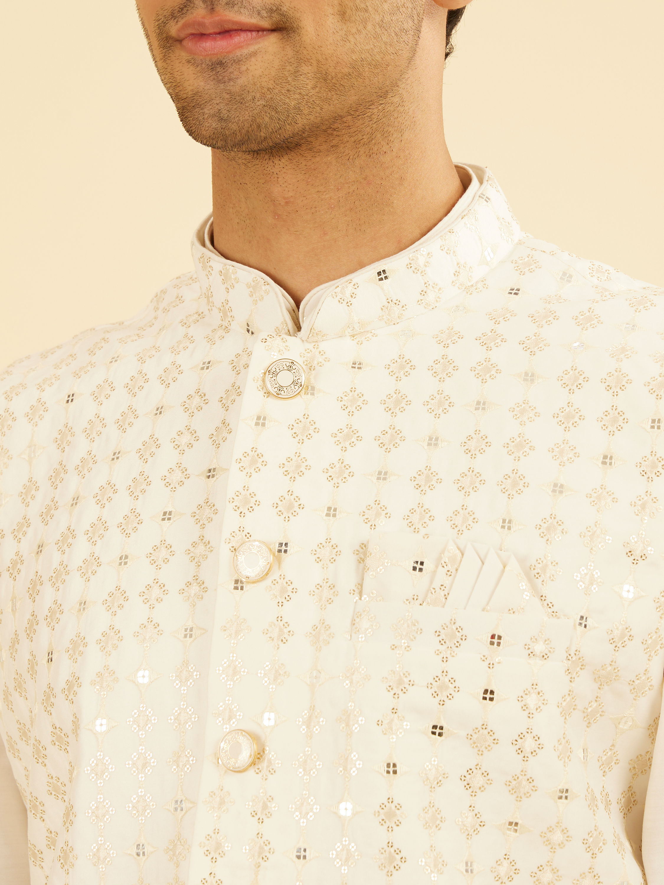 Manyavar Men Warm White Kurta Jacket Set
