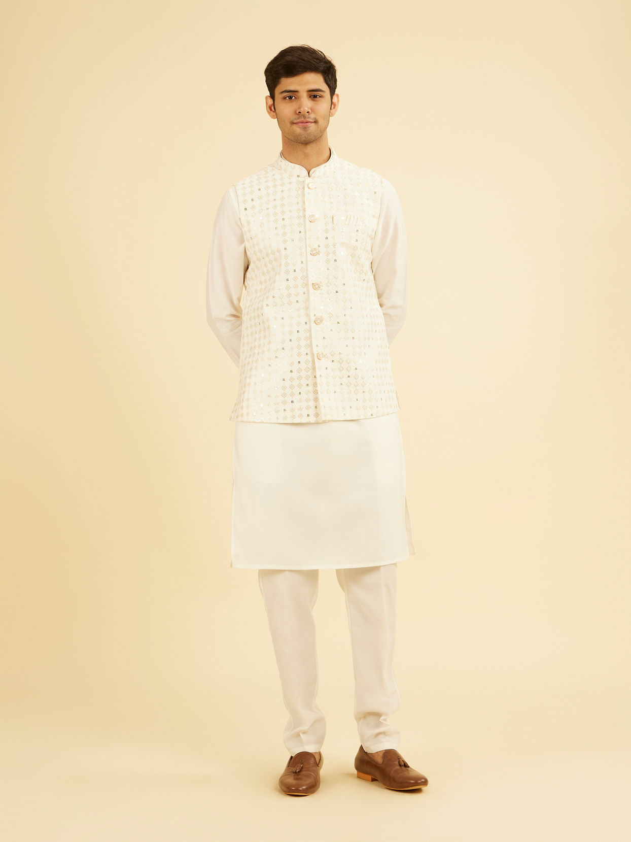 Manyavar Men Warm White Kurta Jacket Set