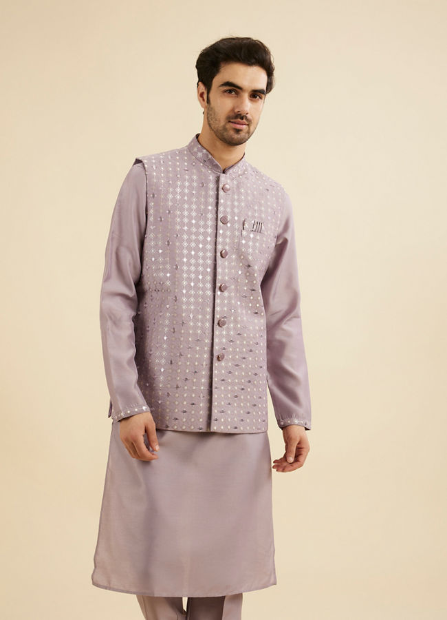 Manyavar Men Soft Lilac Linear Patterned Jacket Set with Stone Work