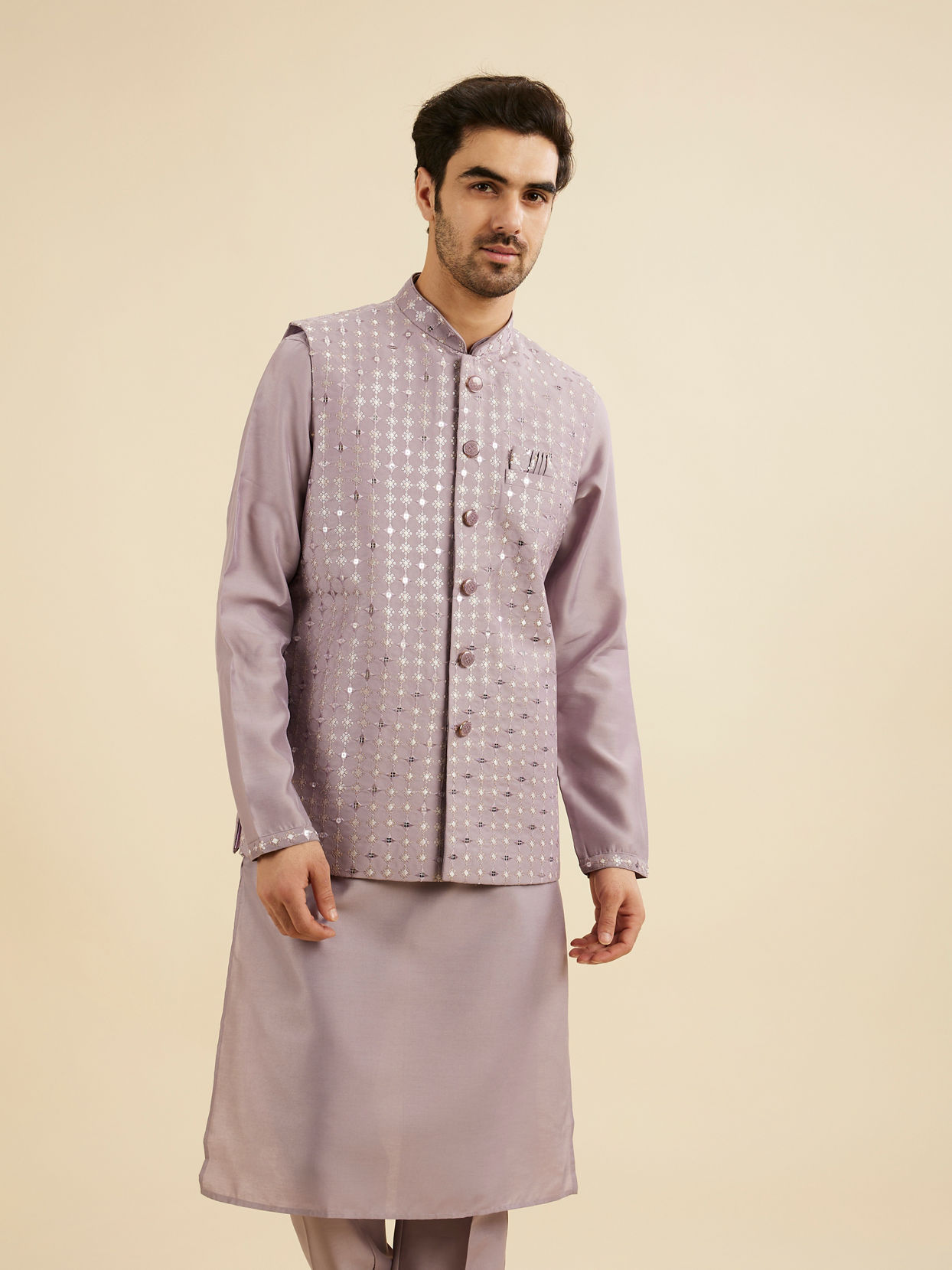 Manyavar Men Soft Lilac Linear Patterned Jacket Set with Stone Work