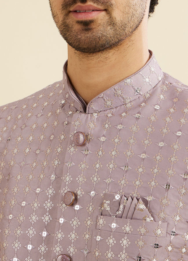 Manyavar Men Soft Lilac Linear Patterned Jacket Set with Stone Work