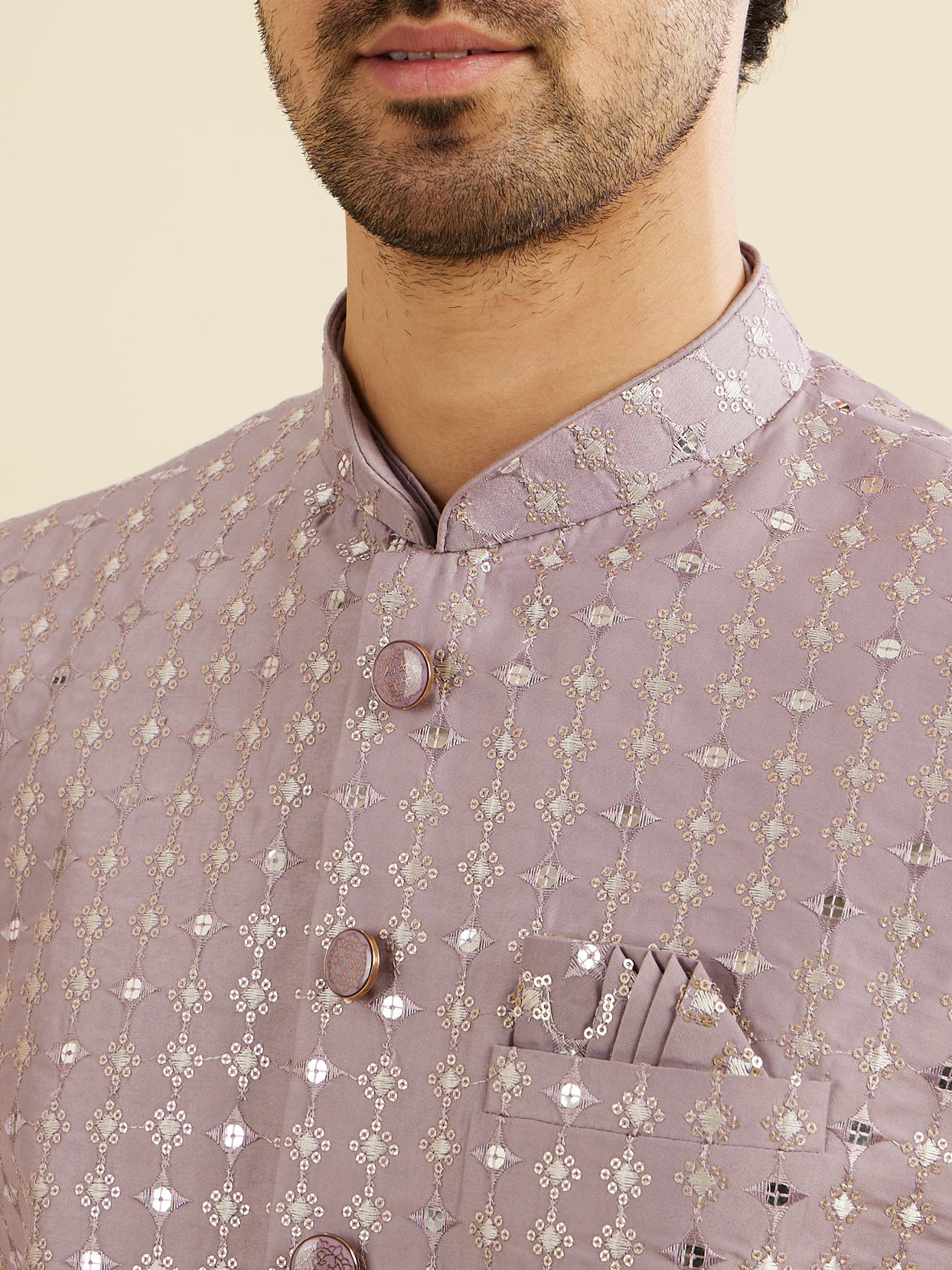 Manyavar Men Soft Lilac Linear Patterned Jacket Set with Stone Work