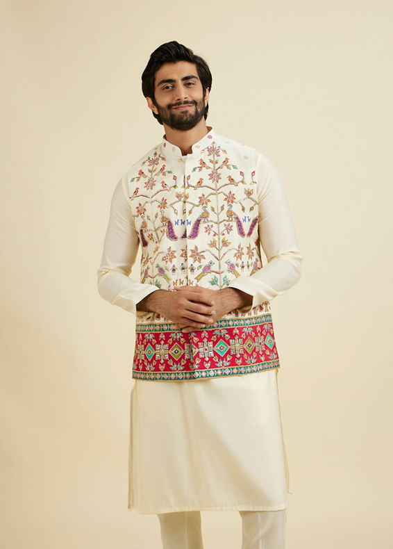 Manyavar Men Costal Cream Elegance Kurta Jacket Set