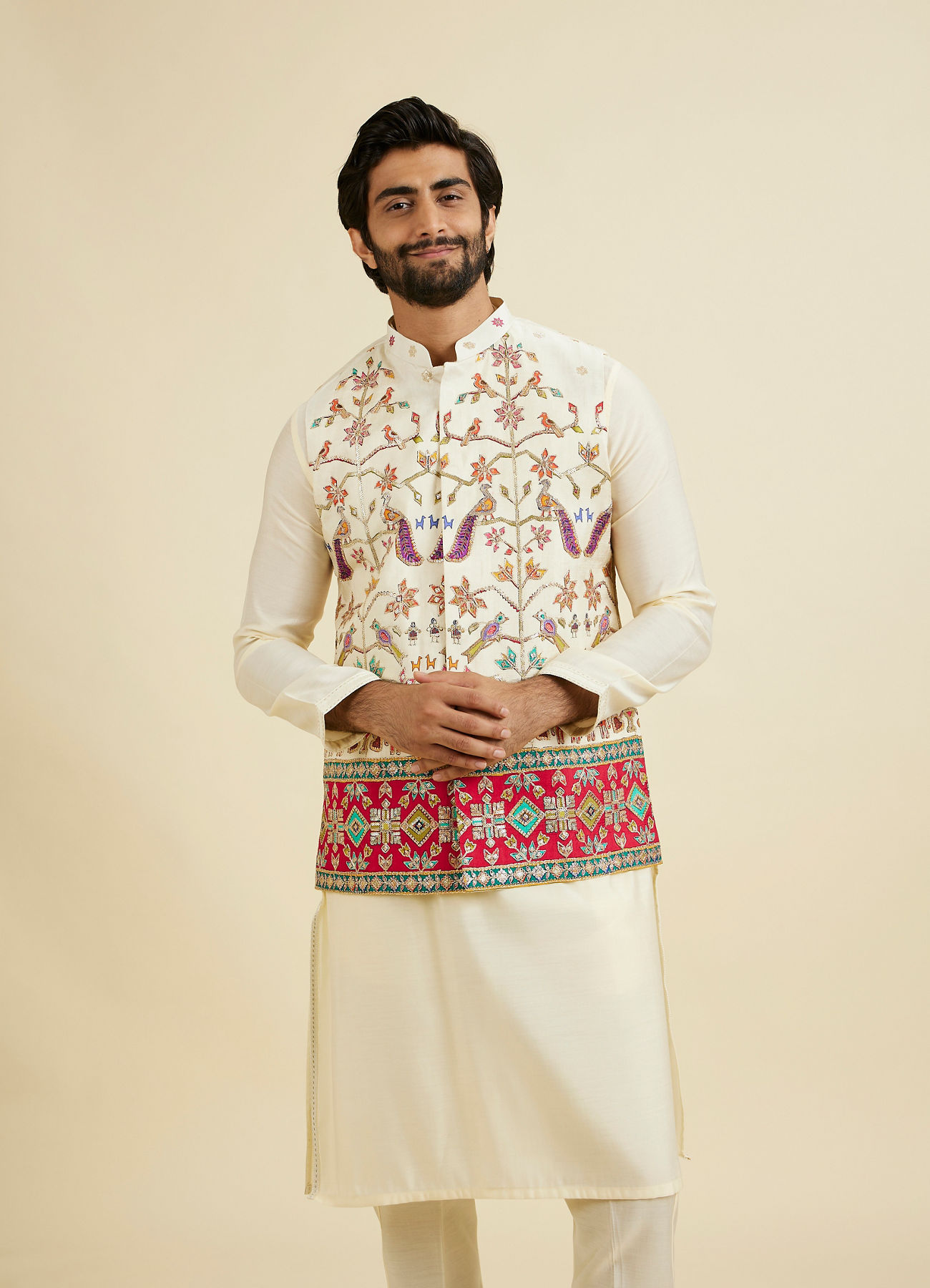 Manyavar Men Costal Cream Elegance Kurta Jacket Set