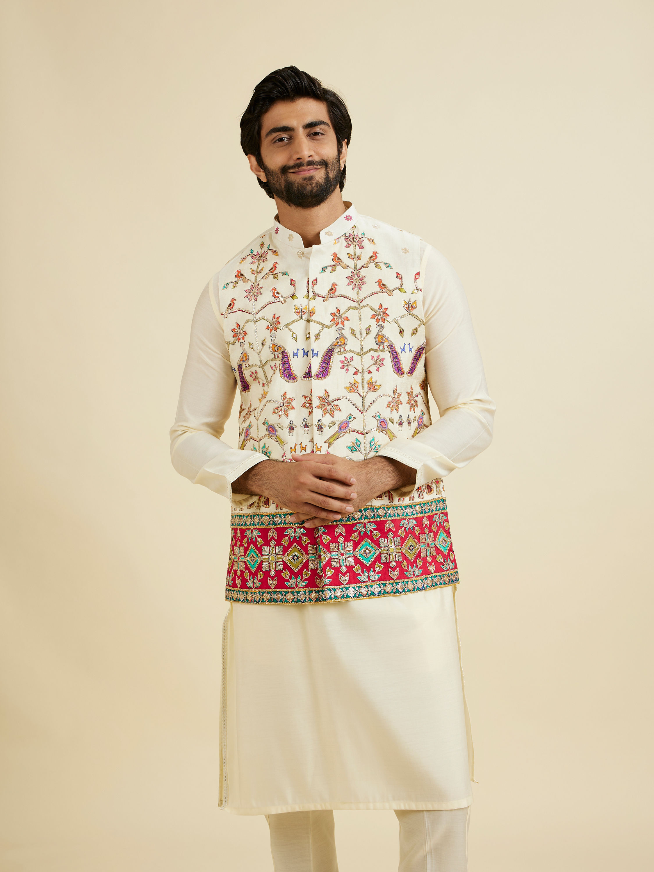 Manyavar Men Costal Cream Elegance Kurta Jacket Set