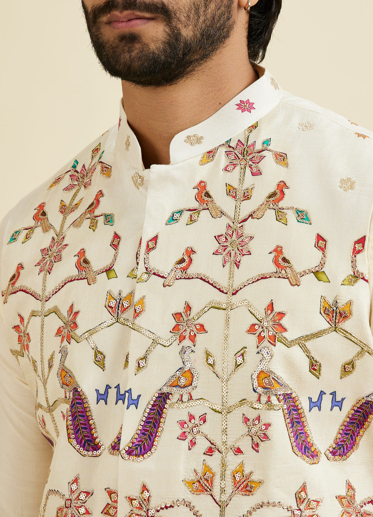 Manyavar Men Costal Cream Elegance Kurta Jacket Set