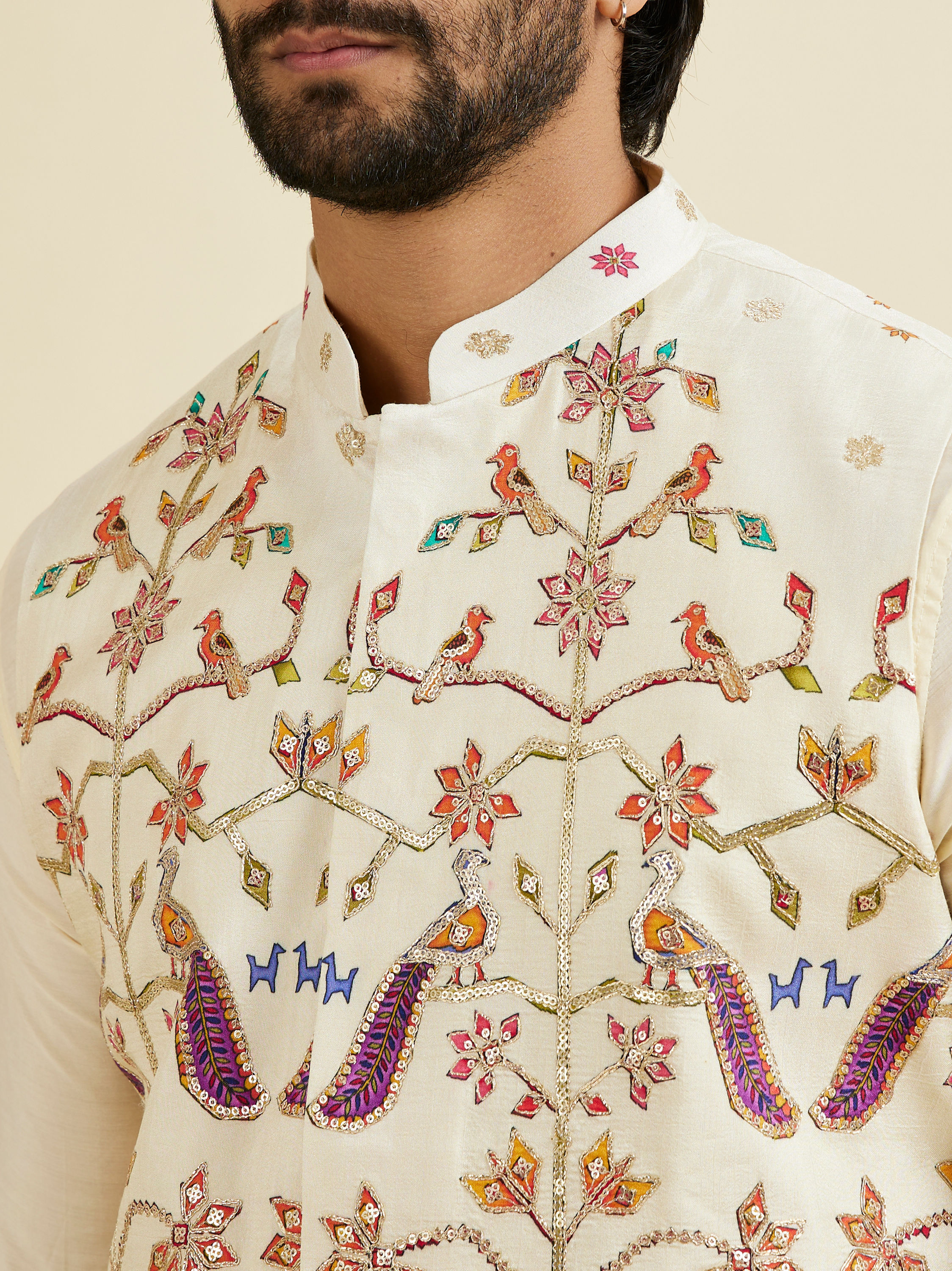 Manyavar Men Costal Cream Elegance Kurta Jacket Set