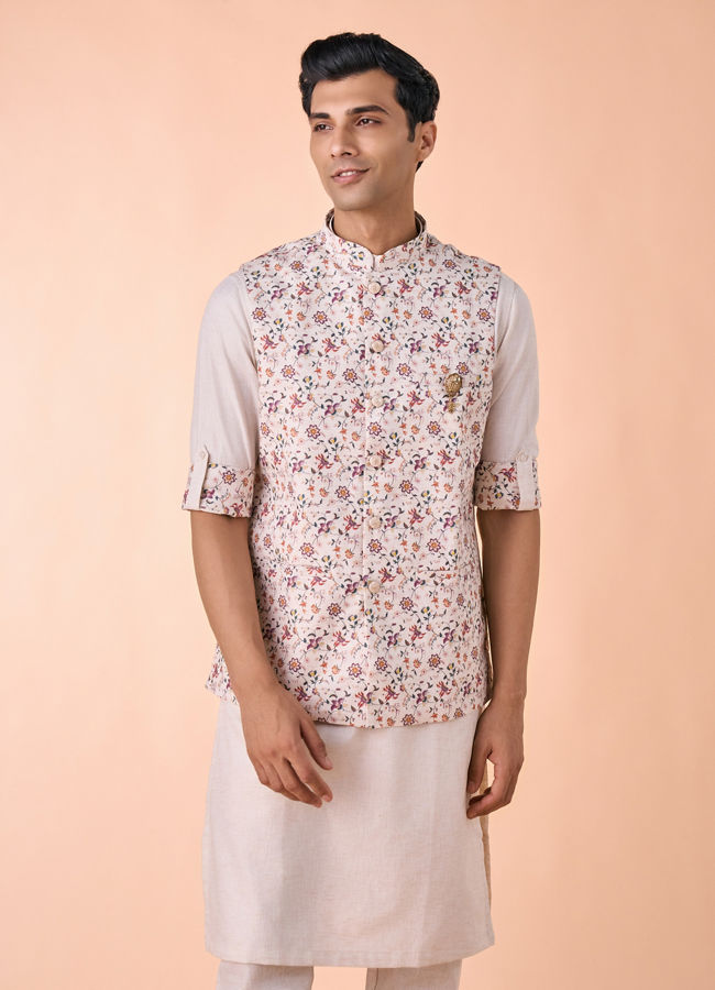 Manyavar Men Regal Beige Kurta Jacket Set