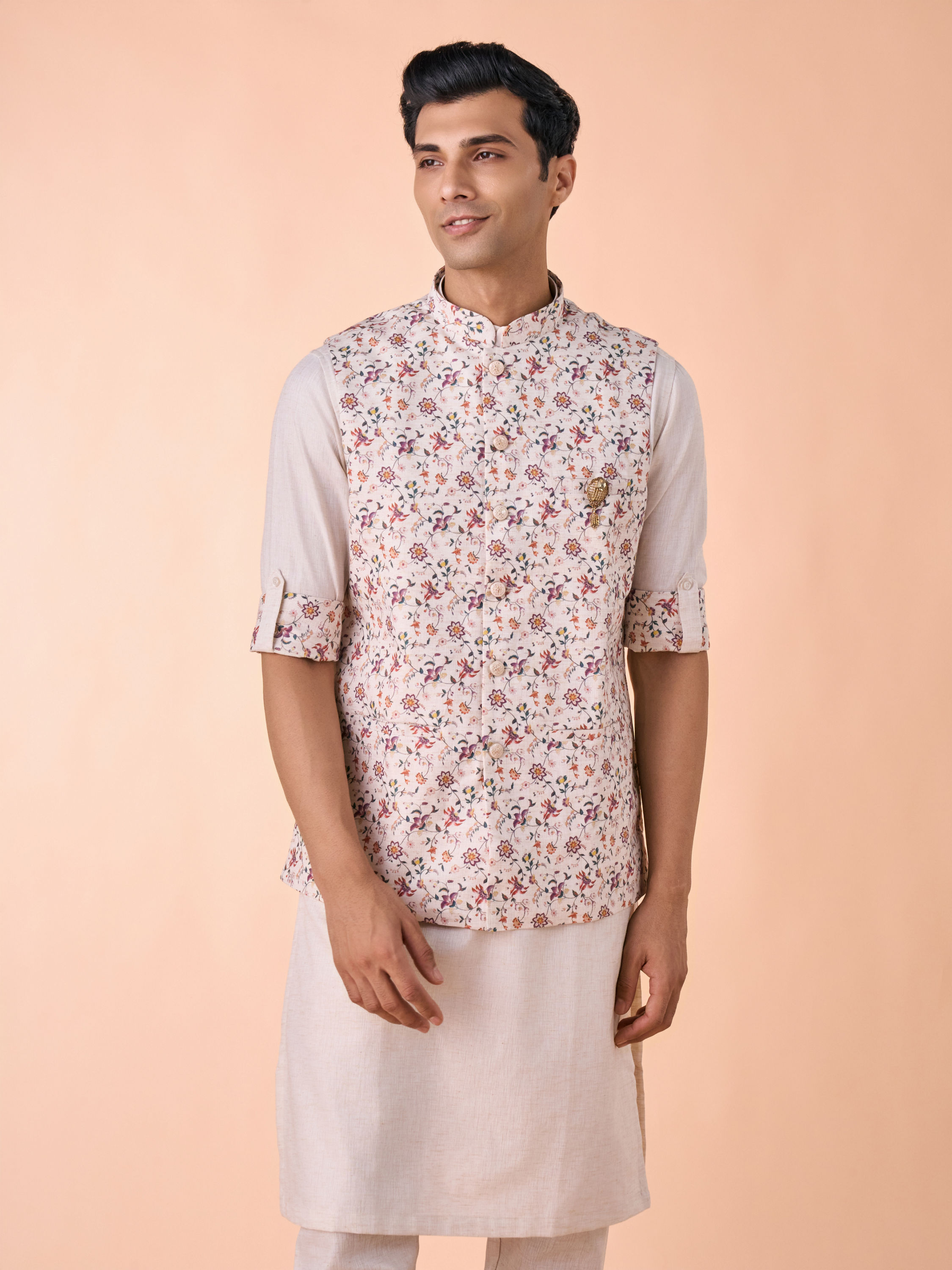 Manyavar Men Regal Beige Kurta Jacket Set