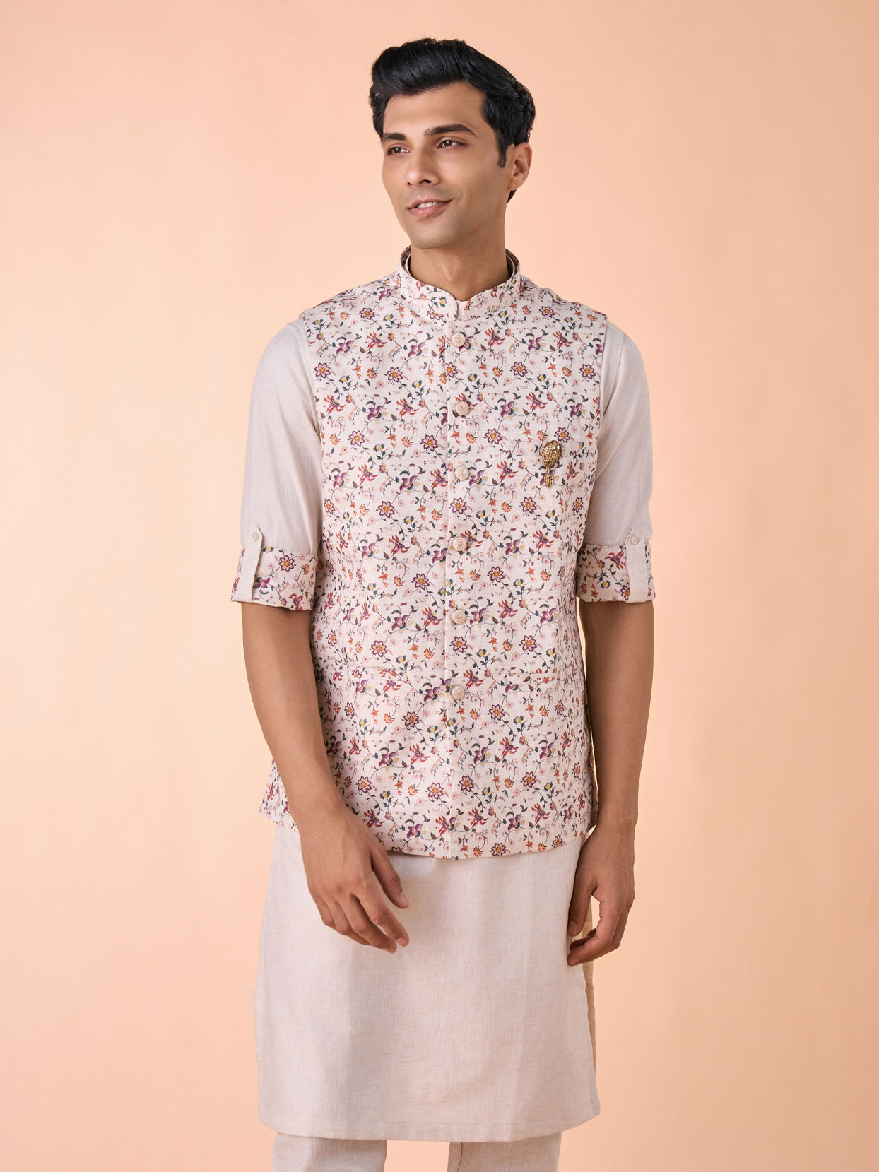 Manyavar Men Regal Beige Kurta Jacket Set
