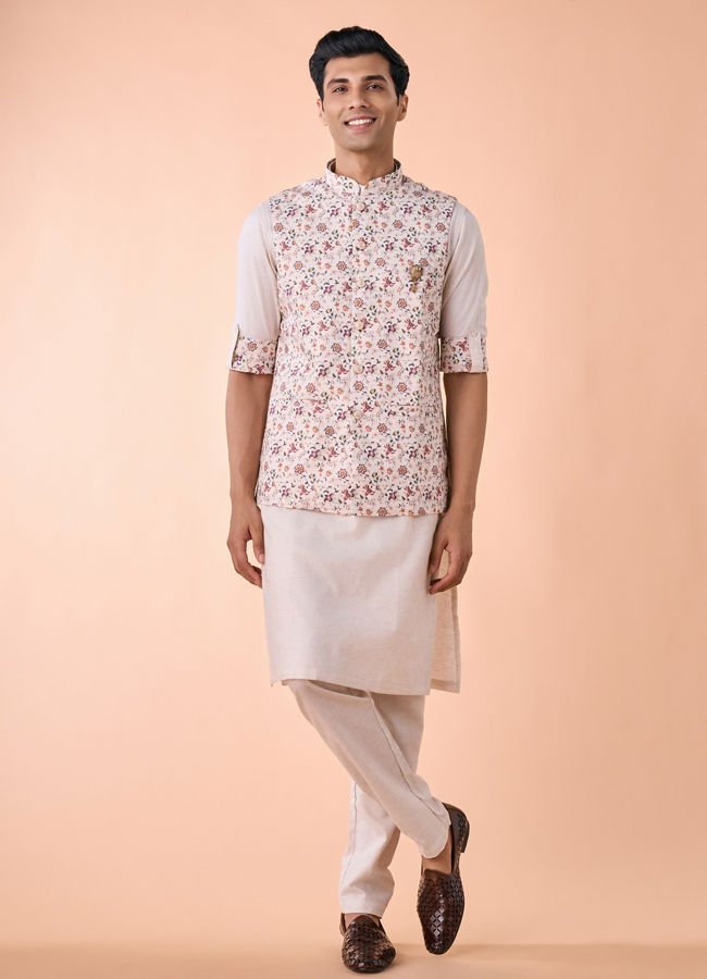 Manyavar Men Regal Beige Kurta Jacket Set