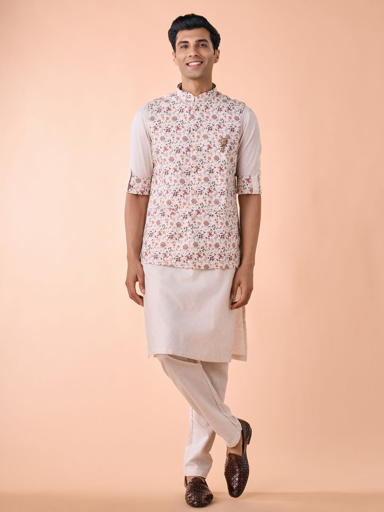 Manyavar Men Regal Beige Kurta Jacket Set