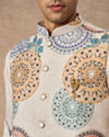 Manyavar Men Beige Blended Cotton Kurta Jacket Set with Print