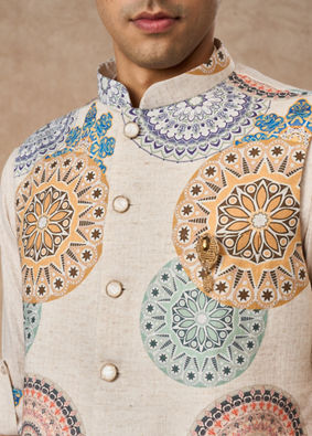 Manyavar Men Beige Blended Cotton Kurta Jacket Set with Print
