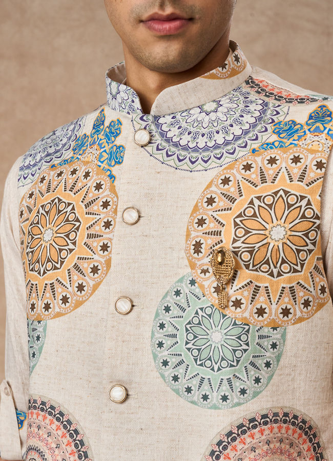 Manyavar Men Beige Blended Cotton Kurta Jacket Set with Print