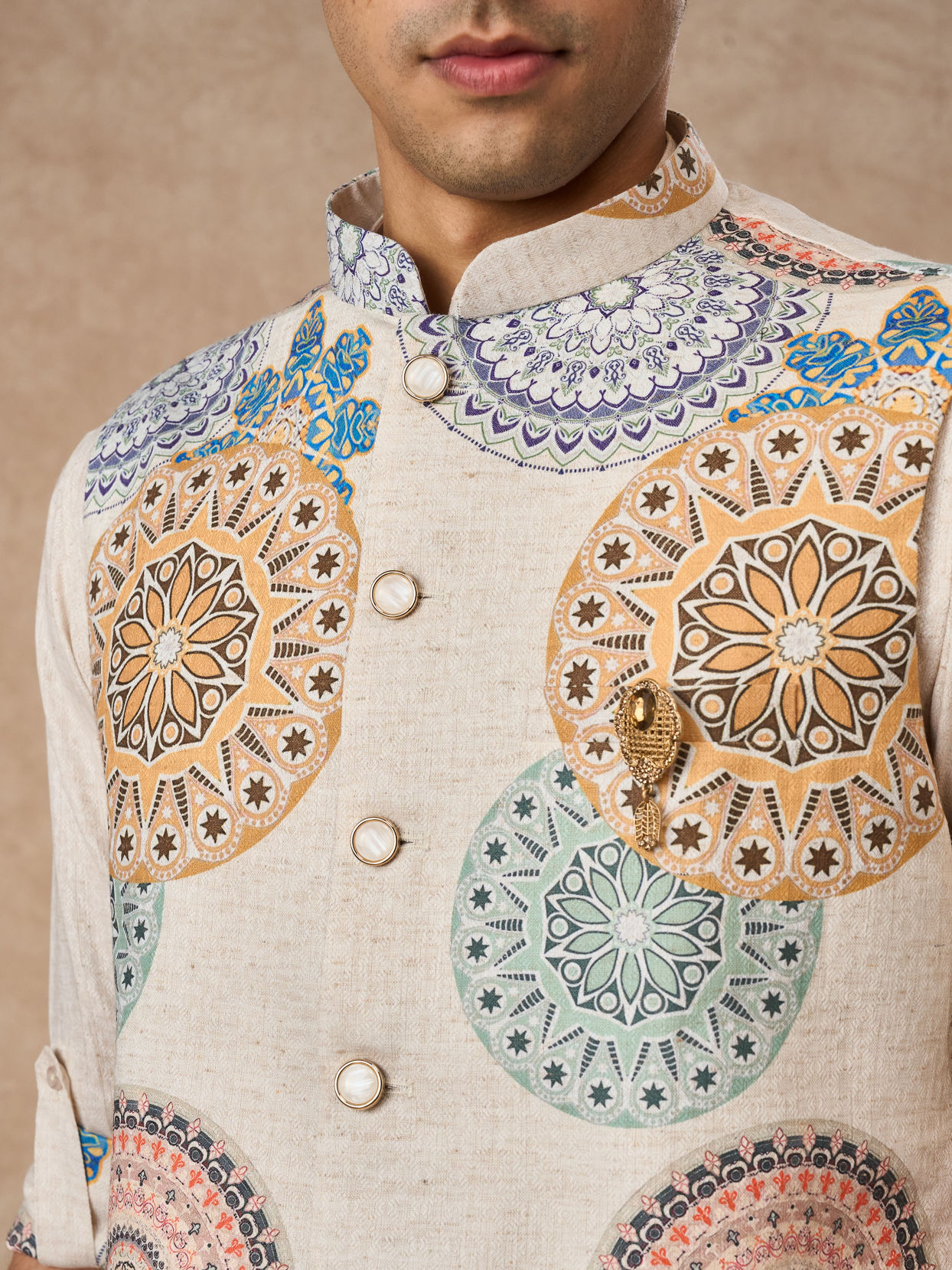 Manyavar Men Beige Blended Cotton Kurta Jacket Set with Print