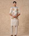 Manyavar Men Beige Blended Cotton Kurta Jacket Set with Print