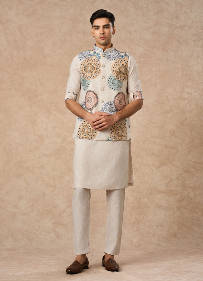 Manyavar Men Beige Blended Cotton Kurta Jacket Set with Print