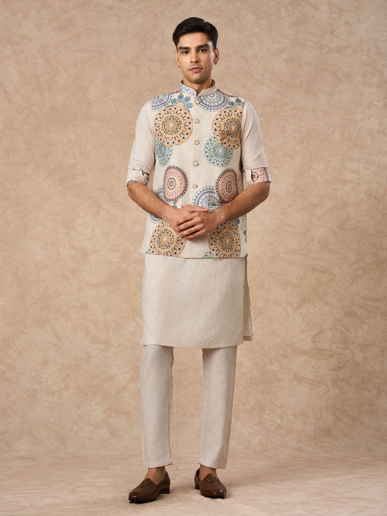 Manyavar Men Beige Blended Cotton Kurta Jacket Set with Print