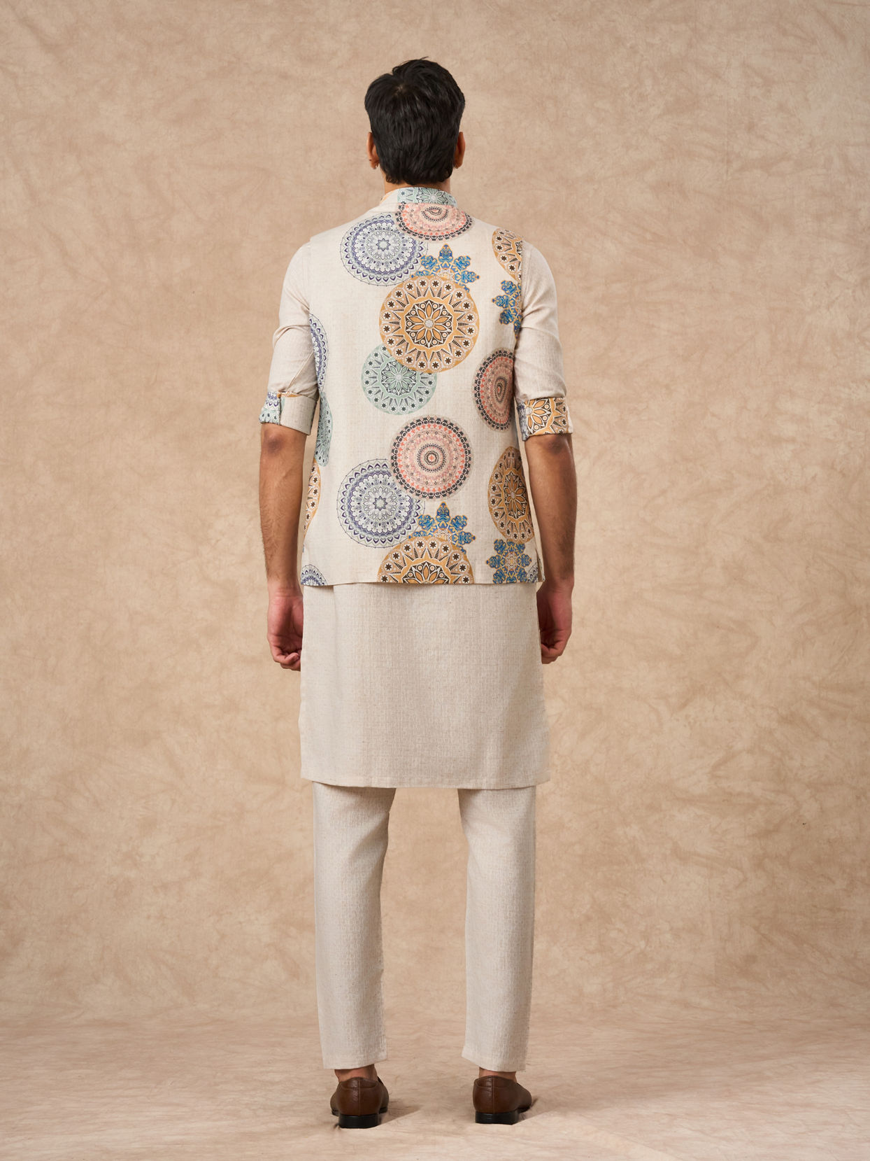 Manyavar Men Beige Blended Cotton Kurta Jacket Set with Print